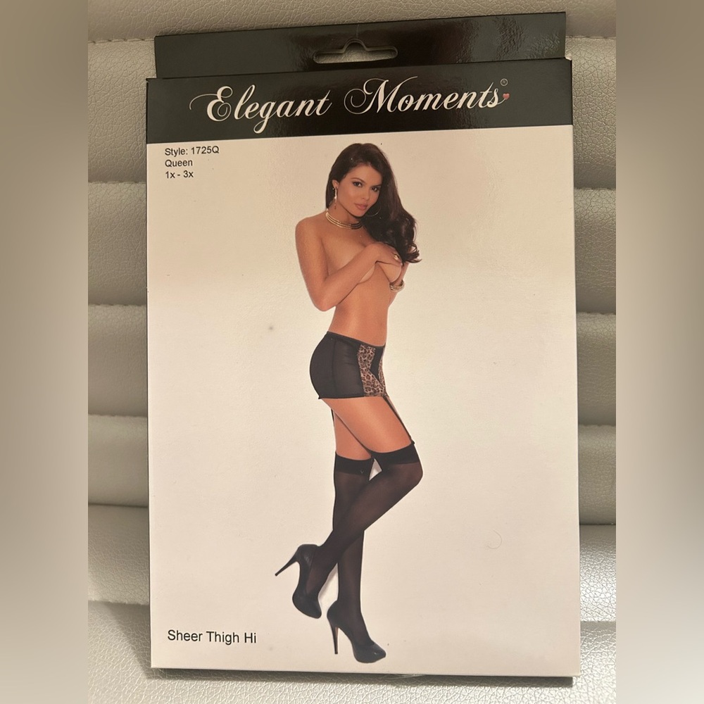 Elegant Moments Black Sheer Thigh Highs with Leopard Garter Panel